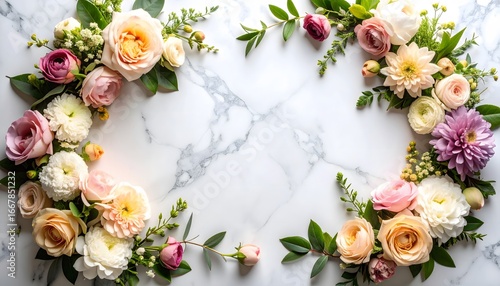 Wallpaper Mural Elegant Floral Arrangement on Marble: Roses, Dahlias, and Greenery Bordering White Space Torontodigital.ca