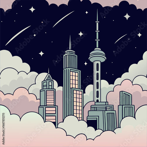 A high-speed train with glowing digital elements, driving on the tracks against a backdrop of sunset and Synthwave  city at sunset digital illustration.

