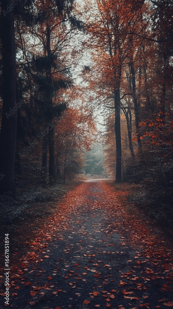 Obraz premium Autumnal forest path, fallen leaves