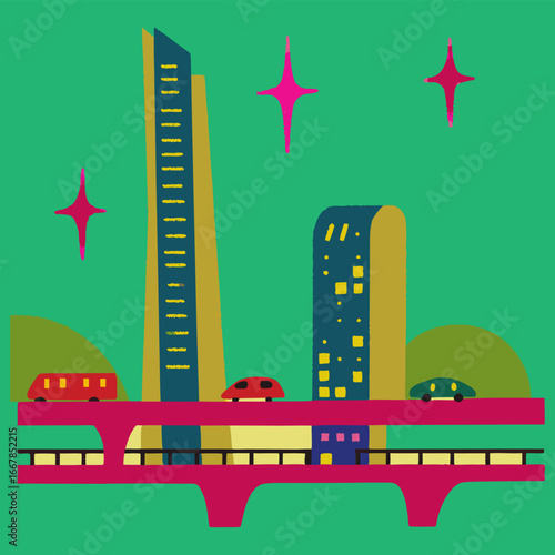 A high-speed train with glowing digital elements, driving on the tracks against a backdrop of sunset and Synthwave  city at sunset digital illustration.

