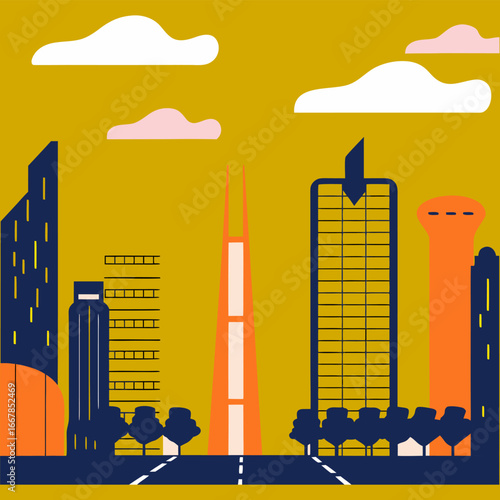 A high-speed train with glowing digital elements, driving on the tracks against a backdrop of sunset and Synthwave  city at sunset digital illustration.

