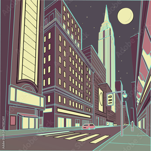 A high-speed train with glowing digital elements, driving on the tracks against a backdrop of sunset and Synthwave  city at sunset digital illustration.

