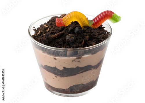 A clear cup filled with chocolate pudding and topped with gummy worms on a white background