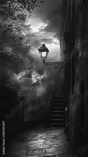 Black and white alleyway with stairs and lamp