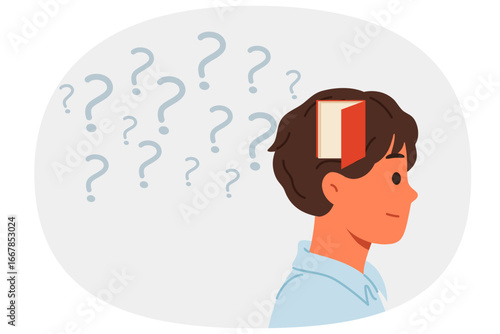 Memory problems in man standing near question marks with open door in head, symbolizing alzheimer disease. Guy experiences memory problems and suffers from onset of scoliosis and dementia at young age