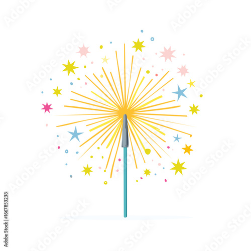 Colorful illustration of a festive sparkler bursting with bright yellow rays and decorative stars for celebrations