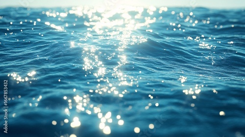 Fototapeta Naklejka Na Ścianę i Meble -  Sparkling sunlight reflecting on the surface of a calm, blue ocean