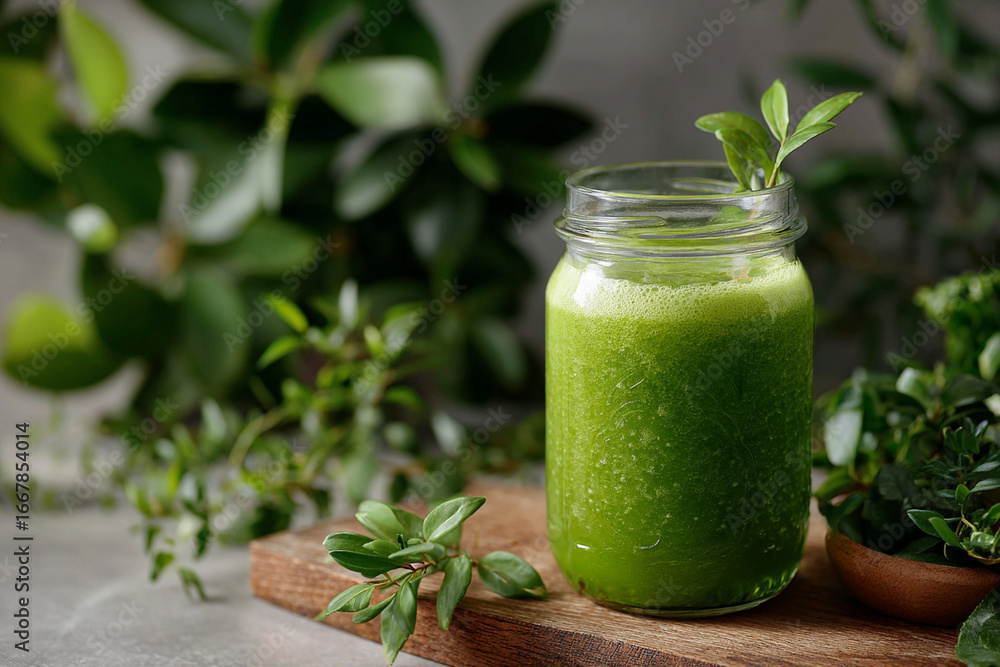 Fresh Green Smoothie in Jar with Leaf Garnish Fresh Green Smoothie in Jar with Leaf Garnish