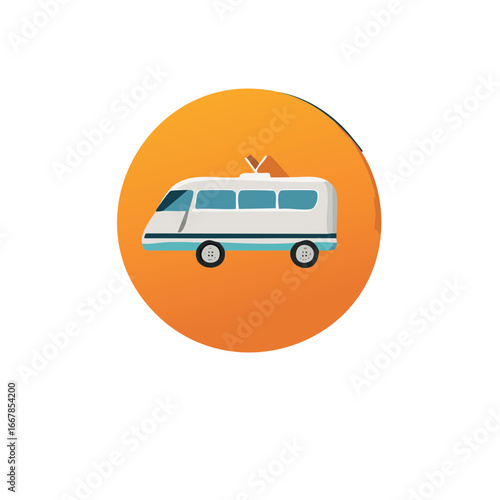 Cute cartoon style white and blue camper van or minivan in a vibrant orange circle representing travel and vacation
