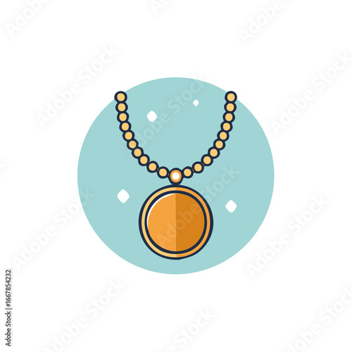 Golden Necklace with Round Pendant Modern Flat Design Style Icon