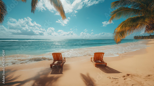 Photography of beach chairs set on the sand at a beautiful beach in a resort area.