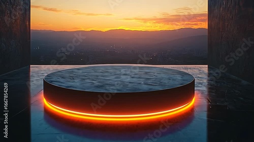 Empty black marble podium illuminated with orange neon light at sunset with a city view