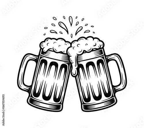 Clinking Beer Mugs Cheers Vector Illustration, Black and White Vintage Hand Drawn Frothy Pint Glasses Splash for Pub Bar Brewery Celebration