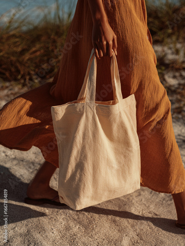 Cropped view of a woman in a flowy dress holding a canvas tote bag during a beach stroll