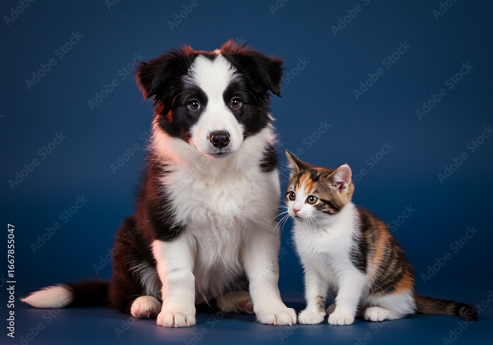 Fototapeta premium An adorable Border Collie puppy and a calico kitten sitting together, a charming portrait of an unlikely interspecies friendship on a dark blue background