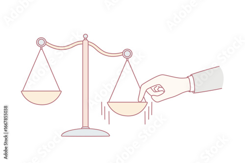 Making choice, measuring values concept. Human hand putting finger to one side on scales making decision and choice vector illustration