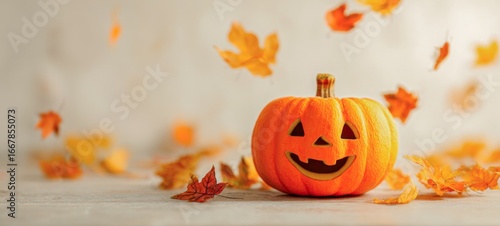 Happy fall autumn halloween holiday thanksgiving background banner greeting card - Carved pumpkin and colored fallen autumnal leaves isolated on white table background