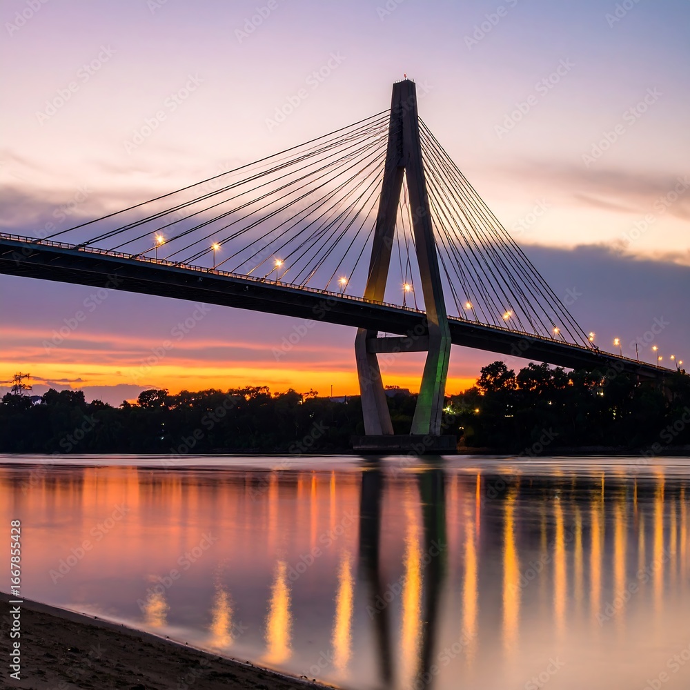 Obraz premium Cable-stayed bridge sunset river reflection