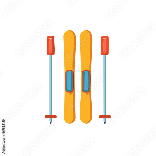 Vibrant yellow skis and red poles for alpine skiing and winter recreation