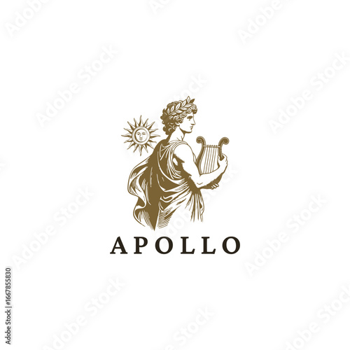 Flat vector engraving logo illustration of Apollo, the Greek god of music, art, and light, holding a harp