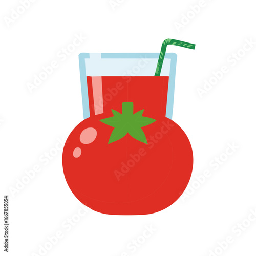 Cartoon illustration of tomato juice in a glass with a straw resting on a tomato