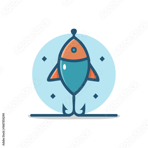 Colorful illustration of a cartoon fish lure with hooks and geometric accents