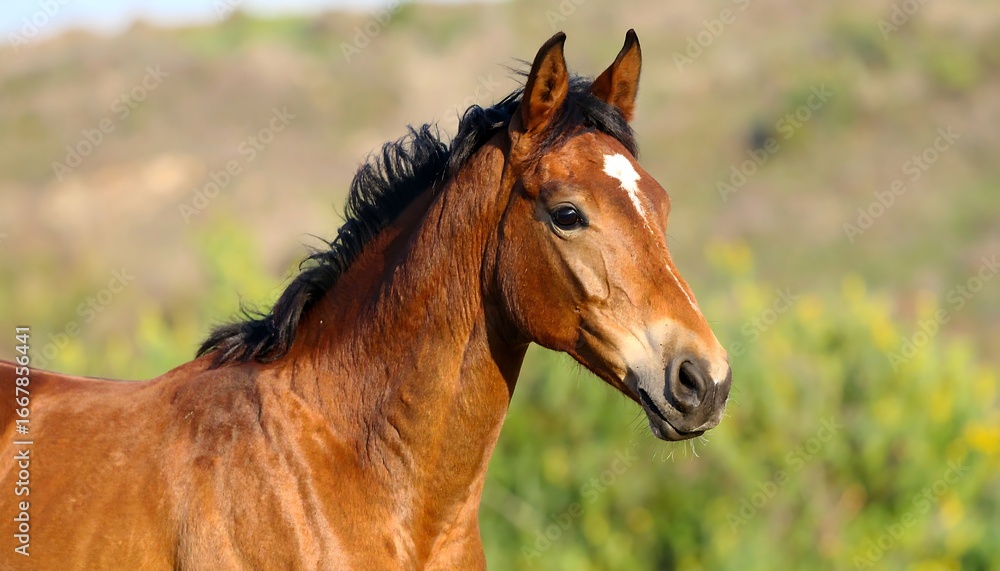 Fototapeta premium Chestnut Horse Portrait, Outdoor Pasture