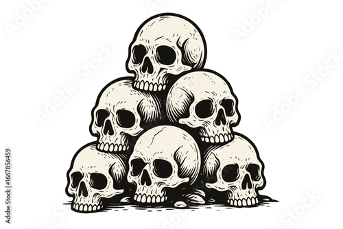 Pile of skulls hand drawn vector illustration. Macabre gothic art. Symbol of death, danger, horror, poison. Anatomy concept for Halloween, pirate, heavy metal, rock music.