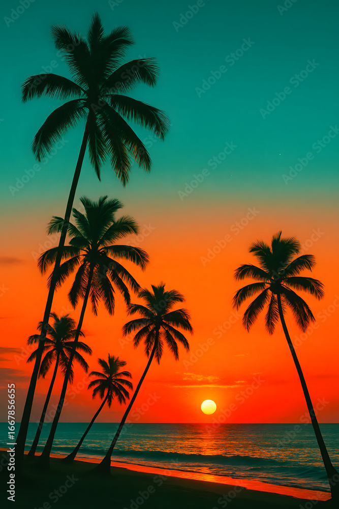 Obraz premium Tropical Palm Tree on Sandy Beach with Turquoise Ocean