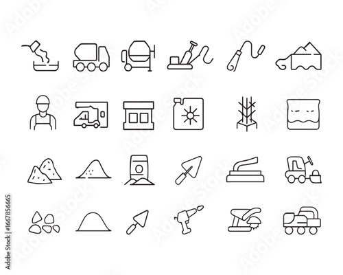 Set of outline icons related to concrete. Linear icon collection