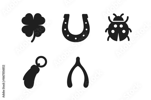 Good luck charm icon set. Collection of lucky symbols, talismans, and amulets. Vector silhouette illustration of four-leaf clover, horseshoe, ladybug, wishbone, rabbit's foot.