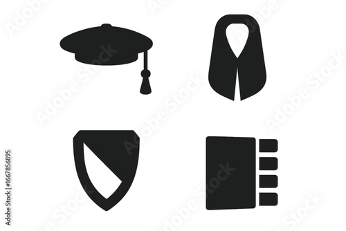 Academic regalia vector icon set for graduation. Solid glyph symbols of doctoral tam, university hood, gown cuff, and shield. Education and convocation ceremony elements.