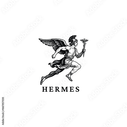 Flat vector engraving logo illustration of Hermes, the Greek god of travel, trade, and messages, often depicted with winged helmet and caduceus staff
