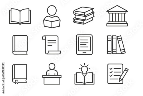 Book reading and education outline icons. Vector library, literature, and study symbols. Knowledge, learning, university, and e-book concepts. Thin line pictogram set.