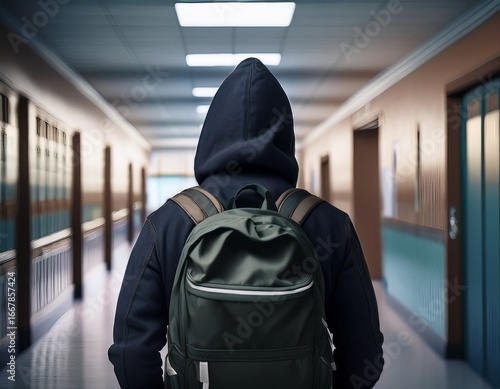 back closeup of a black hooded man walking on school hallway