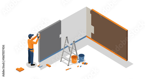 Isometric room renovation scene with painter and ladder