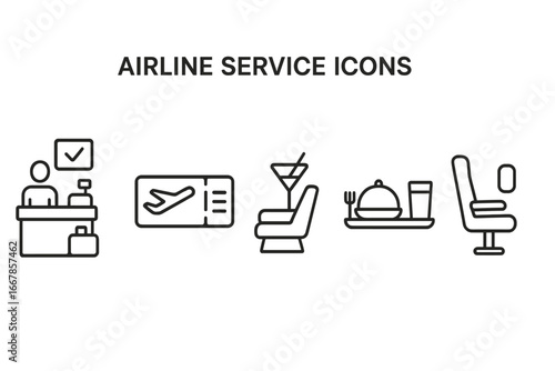 Airline service icon set for travel and tourism. Vector line art icons for airport check-in, boarding pass, flight ticket, business class lounge, in-flight meal and airplane seat.