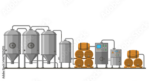 Modern brewery equipment with fermentation tanks and control panel