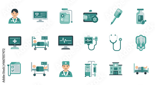 Medical icons set featuring healthcare professionals, equipment, and hospital elements in flat style