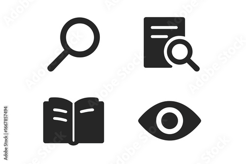 Transparency and trust solid glyph icon set. Vector symbols for business ethics, honesty, integrity, and clarity. Includes magnifying glass, document review, audit, research, vision.