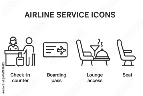 Airline service outline icon set. Airport travel concept symbols. Check-in counter, boarding pass, lounge access, and airplane seat vector icons. Thin line pictogram pack.
