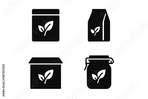 Tea packaging icon set. Solid glyph vector icons of tea storage containers. Includes tea tin, paper pouch, cardboard box, and airtight glass jar with a leaf logo symbol.