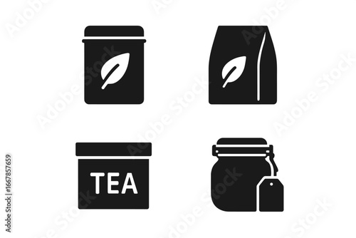 Tea packaging and storage icon set. Solid glyph vector icons of a tea tin, paper pouch, storage box, and airtight jar with a tea bag. Food and beverage design element.