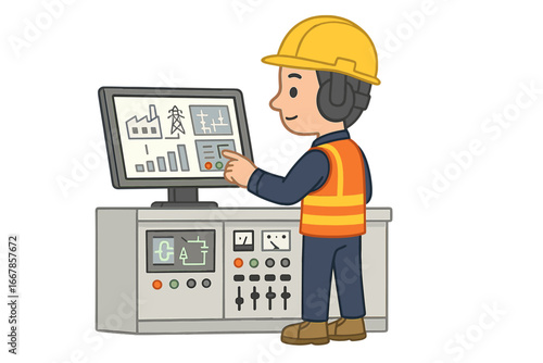 Electrical engineer at control panel. Technician monitoring power plant system on HMI screen. Industrial automation concept in manufacturing factory. Male worker operating machine.