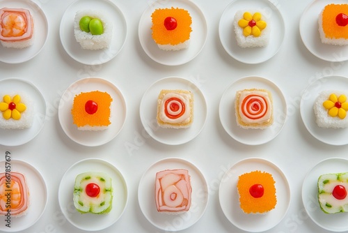Colorful mini sushi on small white plates, arranged in a grid pattern