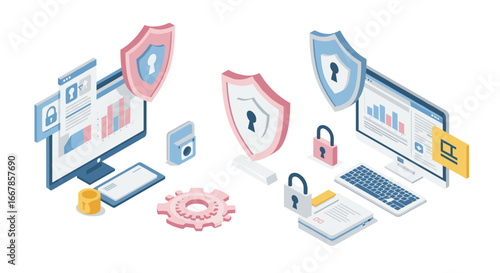 Isometric digital security setup with computers and shield icons for data protection