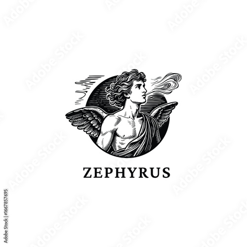 Flat vector engraving logo illustration of Zephyrus, the Greek god of the west wind