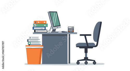 Minimalist office workspace with computer and documents in a clean design