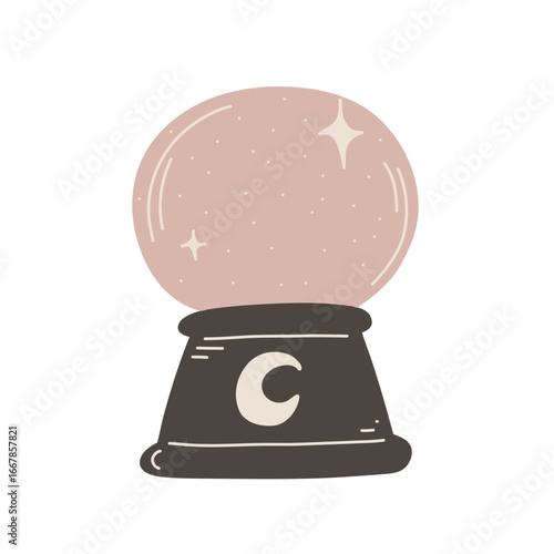Mystical witch crystal ball with crescent moon in minimalist style for Halloween magic illustration.