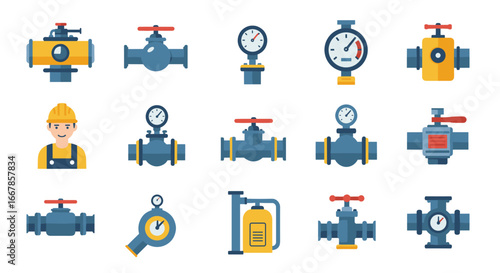 Flat design industrial valve and gauge icons set for construction and engineering projects